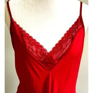 VTG Linea Donatella RED Nightgown Med Babydoll Lace Trim V-Neck Back Sexy Silky
